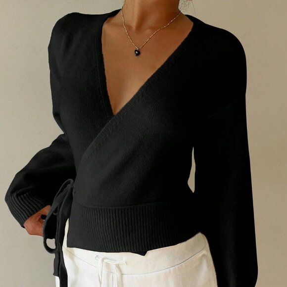 Black Casual Women's Sexy Versatile Tie-Front Deep V Cardigan - Picture 7 of 7